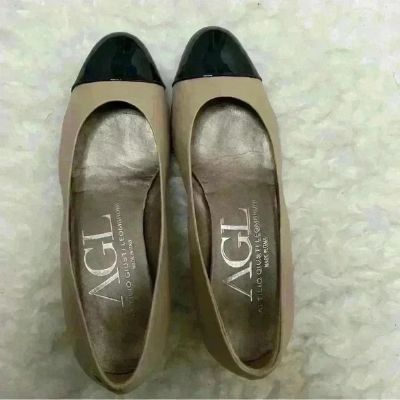 Agl Black Patent Brown Leather Cap Toe Slip On Block - Picture 2 of 8